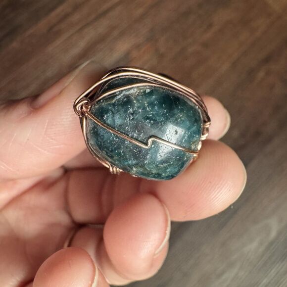 Blue Apatite Wire Wrapped Necklace Tumbled Gemstone Pendant Antiqued Brass - Picture 7 of 12